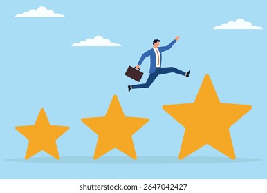 Ilustração vetorial de um homem de negócios saltando de um pequeno símbolo de estrela para um grande, simbolizando a jornada de melhorar as opiniões dos clientes para melhorar a reputação e o sucesso nos negócios
