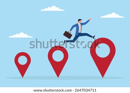 Vector illustration of a businessman leaping from a small location icon to a large one, symbolizing business expansion, growth, or progress from a local to a broader market presence
