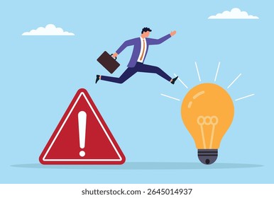 Vector illustration of a businessman leaping from a warning icon to a bright light bulb, representing the journey from danger or risk to innovation, ideas, and smart solutions

