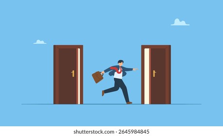 Vector illustration of a businessman leave open door to new opportunity. Change job, move to new opportunity, employee turnover, resignation or leave company, new job, employment, recruitment.