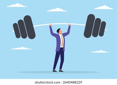 Vector illustration of a businessman lifting a heavy barbell overhead with both hands, symbolizing power, determination, and overcoming challenges in the business world
