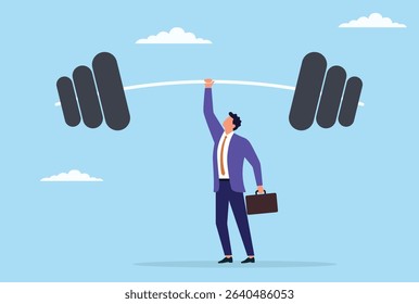 Vector illustration of a businessman lifting a large barbell above his head with one hand, symbolizing strength, determination, leadership, and the power to overcome challenges
