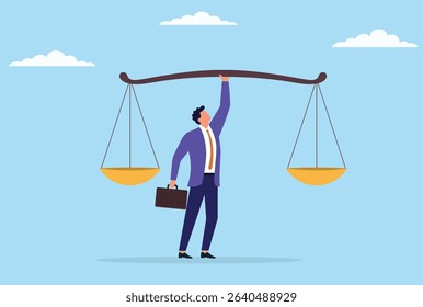 Vector illustration of a businessman lifting a large balance scale above his head with one hand, symbolizing justice, leadership, responsibility, and balanced decision making
