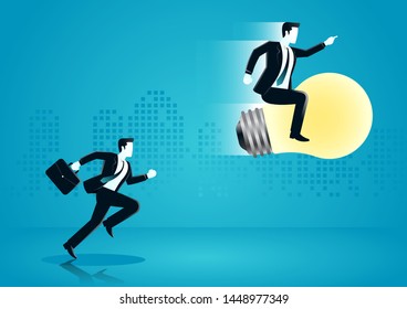 vector illustration of businessman with light bulb fly pass his competitor. describe compete, move and faster. business concept illustration