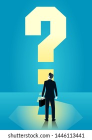 vector illustration of a businessman looking at big question mark. describe confused, need, solution, open mind, and creative think. business concept illustration