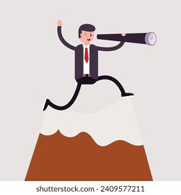 A vector illustration of a businessman looking through a telescope while standing on top of a mountain, depicting a businessman who can predict the future and has vision and mission