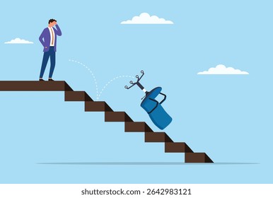 Vector illustration of a businessman looking upset as his office chair tumbles down the stairs, symbolizing loss of position, instability, and unexpected workplace challenges

