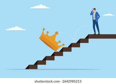 Ilustração vetorial de um homem de negócios que parece chateado quando sua coroa cai as escadas, simbolizando a perda de poder, declínio no status e a luta emocional do fracasso profissional
