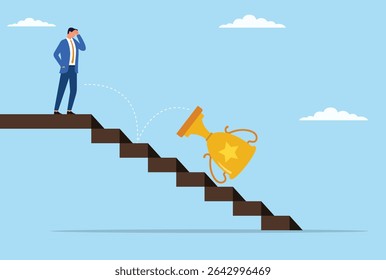 Vector illustration of a businessman looking upset as a trophy falls down the stairs, representing disappointment, lost achievements, or setbacks in the pursuit of success
