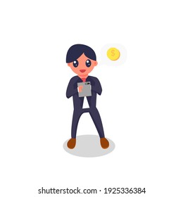 Vector illustration of a businessman looks at his cellphone and thinks of a gold dollar coin. For business , finance, money content. flat cartoon flat design flat character isolated 