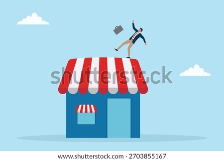 Vector illustration of a businessman losing balance on top of a shop, symbolizing business risks, instability, and challenges faced while managing a small business
