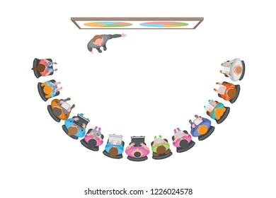Vector illustration. Businessman makes a presentation to people sitting. Top view.