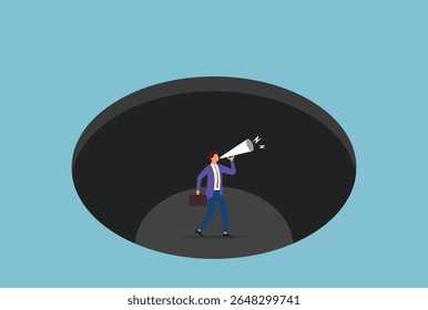 Ilustração vetorial de um homem de negócios fazendo um anúncio através de um megafone de dentro de um buraco escuro, representando esforços para se comunicar apesar do isolamento ou circunstâncias difíceis
