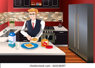 A vector illustration of businessman making breakfast in the kitchen