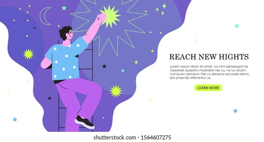 Vector illustration of businessman or man getting or reaching star from the night sky in a flat geometric and outline style. The concept of business growth, success, dream, new hights, achieving goal.