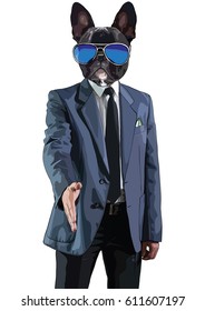 Vector illustration of businessman man in a jacket with a dog's head. Freehand drawing on the business theme.