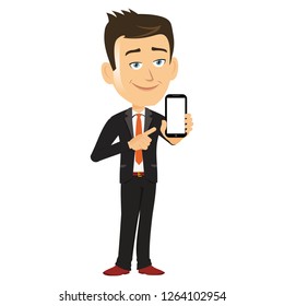 Vector illustration of a businessman manager ceo employee worker salesman holding a smartphone mobile phone indicating blank empty screen