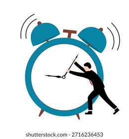 Ilustración vectorial de un hombre de negocios que manipula el tiempo en un despertador que suena, simbolizando la gestión del tiempo, los plazos, la productividad y los conceptos de eficiencia empresarial.