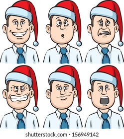 Vector illustration of businessman many faces emotions with santa hat. Easy-edit layered vector EPS10 file scalable to any size without quality loss. High resolution raster JPG file is included.