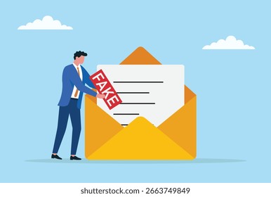 Vector illustration of a businessman marking and labeling a document inside an envelope as fake, symbolizing fraud detection and false information verification
