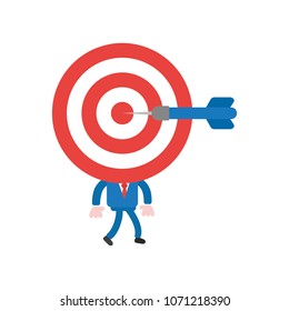 Vector illustration businessman mascot character walking with bulls eye head and dart in the center.