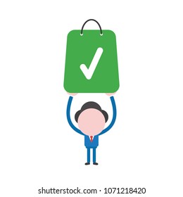 Vector illustration businessman mascot character holding up green shopping bag with check mark.