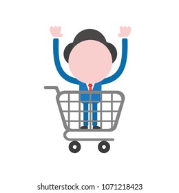 Vector illustration businessman mascot character inside shopping cart.
