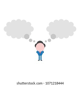 Vector illustration businessman mascot character with two thought bubbles.