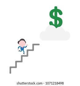 Vector illustration businessman mascot character running on stairs to reach dollar money on cloud.