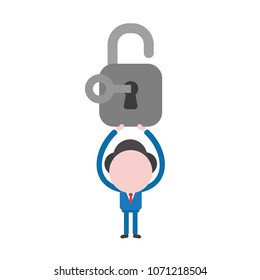 Vector illustration businessman mascot character holding up open padlock, unlock with key.