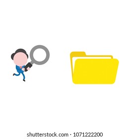 Vector illustration businessman mascot character running and holding magnifying glass to open file folder.