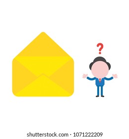 Vector illustration businessman mascot character confused with empty open mail envelope.