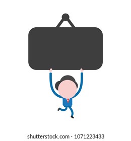 Vector illustration businessman mascot character running and holding up blank hanging sign.