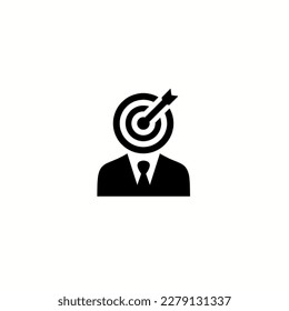 Vector illustration of businessman mascot character with bull's eye head and arrow in the center.