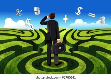 A vector illustration of a businessman in maze facing a financial decision