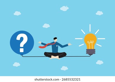 Vektorgrafik eines Geschäftsmannes, der zwischen einem großen Fragezeichen und einer Glühbirne meditiert und Kreativität, Innovation, Brainstorming, Lösungsfindung, Entscheidungsfindung und Inspiration repräsentiert.