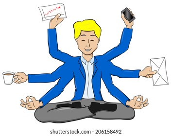 vector illustration of a businessman meditating in lotus position and does a lot of work at the same time