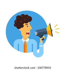 Vector illustration of businessman with a megaphone in flat style. Business concept.