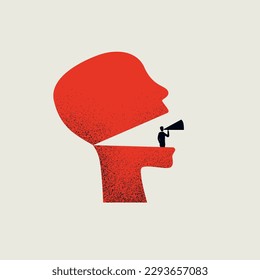 Vector illustration of a businessman with a megaphone inside a big head, symbolizing a powerful announcement. Eps10 minimal illustration design style.