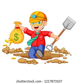 vector illustration of Businessman mining to find bitcoins