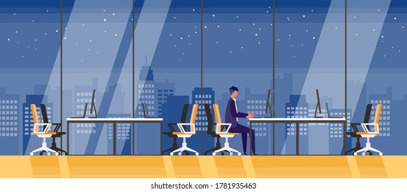 Vector illustration of a businessman in the modern office with a view of skyscrapers at night. Big windows look out to see city view. Modern flat colorful vector illustration. 
