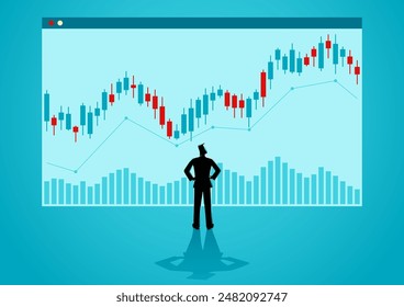 Vector illustration of a businessman monitoring a giant screen with a trading graph stock board. Ideal for investment materials, financial services, financial expertise, market analysis and insight
