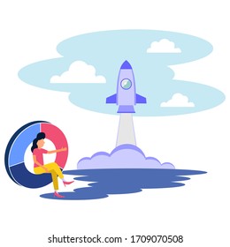 Vector illustration of a businessman monitoring the target, taking the rocket off to the target, increasing motivation, ways to reach the goal - Vector.