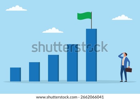 Vector illustration of a businessman observing a bar chart with a green flag at the highest point, symbolizing business growth, success, and goal achievement

