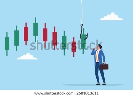Vector illustration of a businessman observing a candlestick chart with a fishing hook trap, symbolizing investment risks, trading scams, and financial market deception
