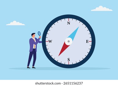 Vector illustration of a businessman observing a compass with a magnifying glass, symbolizing careful direction, strategic planning, and the search for the right path to success
