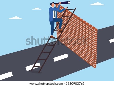 Vector illustration of a businessman observing the other side of the wall through binoculars, representing strategic foresight, the search for hidden opportunities
