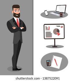 Vector illustration businessman, office manager or analyst. Flat cartoon character for Your website and other projects