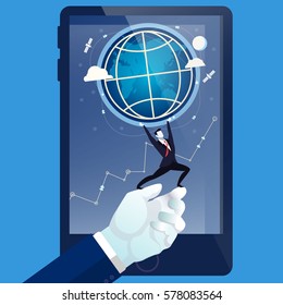 Vector illustration of businessman on human hand holding the Earth like greek mythology god Titan Atlas holds the world on his shoulders. Business concept design element in flat style.