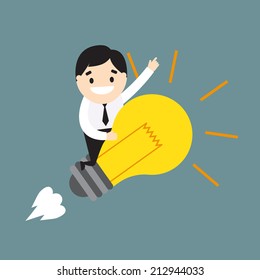 Vector illustration of businessman on the lightbulb flying through space. Success concept. The idea concept. Flat design
